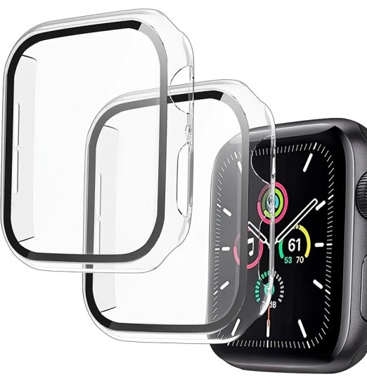 Adecuado para Apple Watch Carcasa protectora Marco de PC + Vidrio templado Cubierta protectora integrada A prueba de caídas Carcasa protectora a prueba de polvo 45678 Generación Hd Caja de color de carcasa dura transparente Paquete de dos