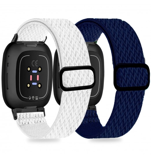 Paquete de 2 bandas elásticas compatibles con Fitbit Versa 3/Fitbit Sense, correa de nailon elástico suave de repuesto ajustable para Versa 3 Fitbit Bands/sense Fitbit Bands mujeres hombres