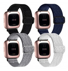 Paquete de 4 bandas elásticas compatibles con Fitbit Versa/fitbit Versa Lite/fitbit Versa 2 bandas mujeres hombres, correas de repuesto transpirables de nailon suave elástico ajustable para pulsera Versa Smartwatch