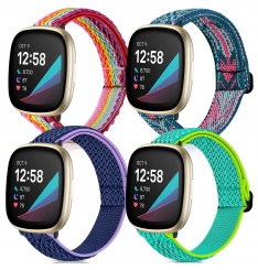 Paquete de 4 bandas elásticas compatibles con Fitbit Versa 3 / Fitbit Sense Bands Mujeres Hombres, correas de repuesto transpirables de nailon suave y elástico ajustable para Fitbit Sense & amp; Pulsera de reloj inteligente Versa 3