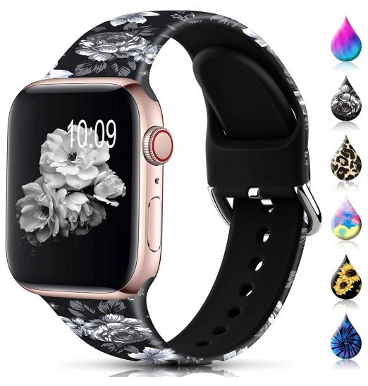 Banda floral compatible con Apple Watch Bands 38 mm 40 mm 41 mm 42 mm 44 mm 45 mm, correa de pulsera con estampado de silicona sin decoloración para Apple Watch Series Se 8 7 6 5 4 3 2 1