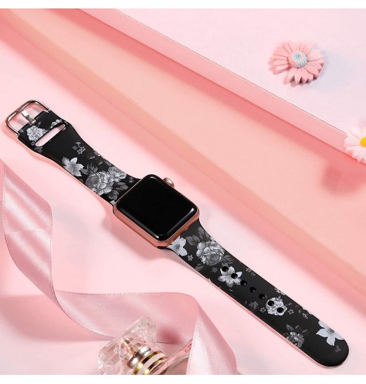 Banda floral compatible con Apple Watch Bands 38 mm 40 mm 41 mm 42 mm 44 mm 45 mm, correa de pulsera con estampado de silicona sin decoloración para Apple Watch Series Se 8 7 6 5 4 3 2 1