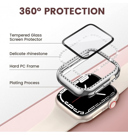 Estuche protector de diamantes de imitación con purpurina, protector de pantalla de cristal O para Apple Watch Series 8 7 6 5 4 40mm 44mm 41mm 45mm Tape