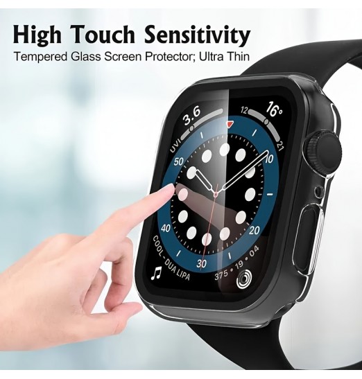 Adecuado para Apple Watch Carcasa protectora Marco de PC + Vidrio templado Cubierta protectora integrada A prueba de caídas Carcasa protectora a prueba de polvo 45678 Generación Hd Caja de color de carcasa dura transparente Paquete de dos