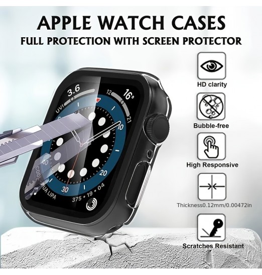 Adecuado para Apple Watch Carcasa protectora Marco de PC + Vidrio templado Cubierta protectora integrada A prueba de caídas Carcasa protectora a prueba de polvo 45678 Generación Hd Caja de color de carcasa dura transparente Paquete de dos