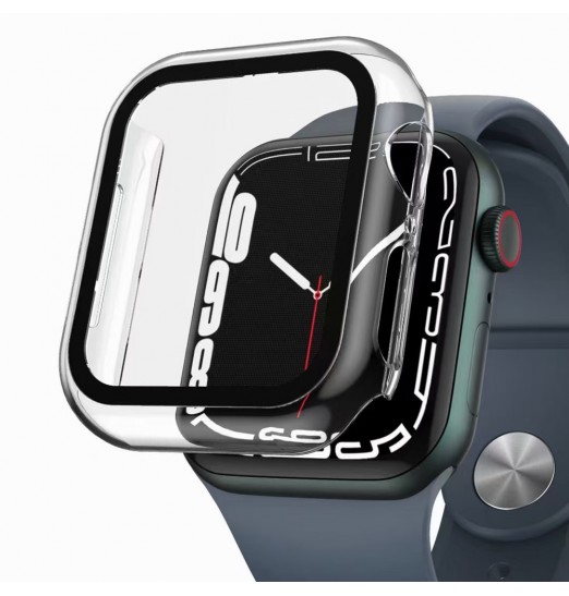 Adecuado para Apple Watch Carcasa protectora Marco de PC + Vidrio templado Cubierta protectora integrada A prueba de caídas Carcasa protectora a prueba de polvo 45678 Generación Hd Caja de color de carcasa dura transparente Paquete de dos