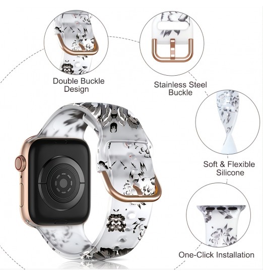 Compatible con Apple Watch Band 49 mm 45 mm 44 mm 42 mm 41 mm 40 mm 38 mm Iwatch Series 8/7/6/5/4/3/2/1/ultra/se Para mujeres Bandas de repuesto con estampado de silicona transparente