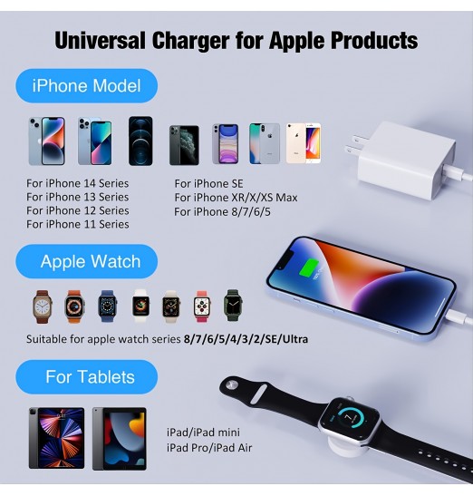 Cargador de Apple Watch 2 en 1 actualizado USB C, cargador de iWatch Cable de carga inalámbrico magnético Compatible con Apple Watch Series 8/7/6/5/4/3/2/se2/se, Iphone 14/13/12/11/pro/ max/xs/xr/x/8/7/6 Plus, iPad y Airpods Pro