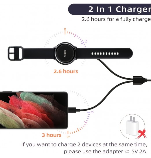 Cargador de reloj 2 en 1 actualizado para Galaxy Watch 5 Pro/5 Be/5/4 Classic/4/3/2/active 2/active, cable de carga USB C compatible con Samsung Galaxy Z Flod4/z Flip4/s22 Ultra/s21 Plus /s20/s10/note 20/10/9/8/ y Galaxy Buds-6,6 pies/2 m