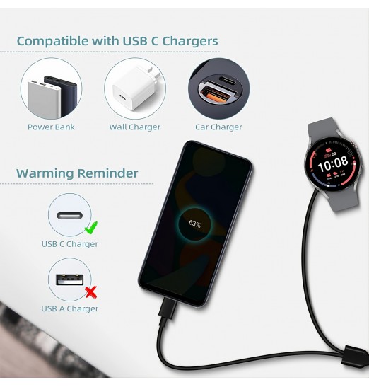 Cable cargador de reloj 2 en 1 para Samsung Galaxy Watch 5 Pro/5 Be/5/4 Classic/4/3/2/active2/active, cable de carga USB C a USB C compatible con Galaxy S22 Ultra/21 Plus/20/10 /nota 20/10/9/8-6.6ft/2m