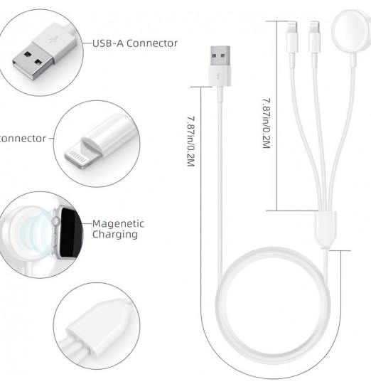 Cable USB 3 en 1 para Iphone y amplificador; Cargador inalámbrico para Apple Watch Iwatch Cable de carga portátil Compatible con Apple Watch Ultra Series Se/8/7/6/5/4/3/2/1