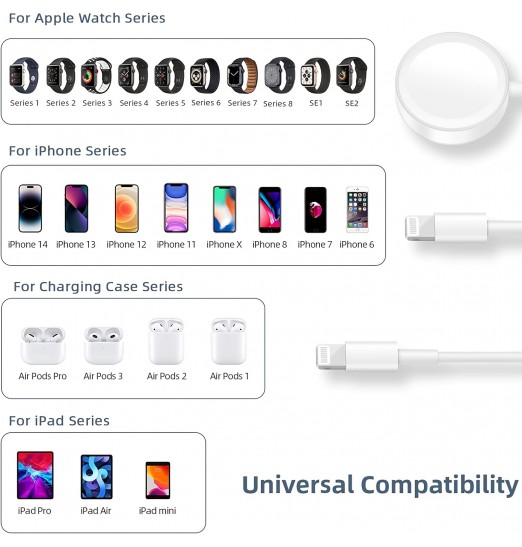 Cable USB 3 en 1 para Iphone y amplificador; Cargador inalámbrico para Apple Watch Iwatch Cable de carga portátil Compatible con Apple Watch Ultra Series Se/8/7/6/5/4/3/2/1