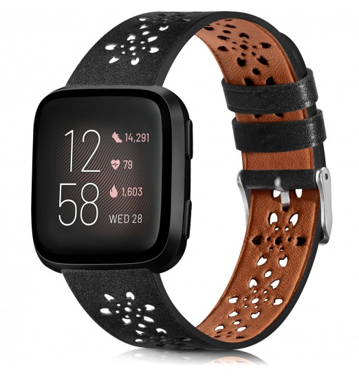 Correa de piel compatible con Fitbit Versa 2 Bands/Fitbit Versa Band/Fitbit Versa Se/Versa Lite Fitness Smart Watch Pulseras para mujeres y hombres, correa de repuesto de piel suave con diseño de encaje hueco