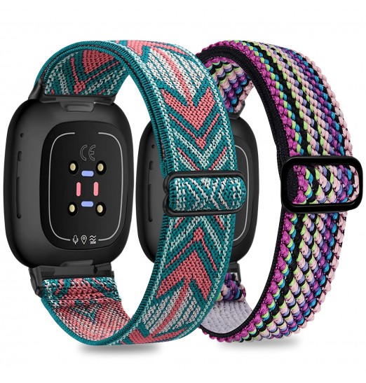 Paquete de 2 bandas elásticas compatibles con Fitbit Versa 3/Fitbit Sense, correa de nailon elástico suave de repuesto ajustable para Versa 3 Fitbit Bands/sense Fitbit Bands mujeres hombres