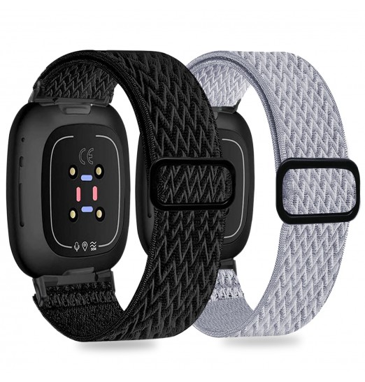 Paquete de 2 bandas elásticas compatibles con Fitbit Versa 3/Fitbit Sense, correa de nailon elástico suave de repuesto ajustable para Versa 3 Fitbit Bands/sense Fitbit Bands mujeres hombres