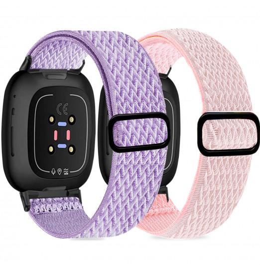 Paquete de 2 bandas elásticas compatibles con Fitbit Versa 3/Fitbit Sense, correa de nailon elástico suave de repuesto ajustable para Versa 3 Fitbit Bands/sense Fitbit Bands mujeres hombres