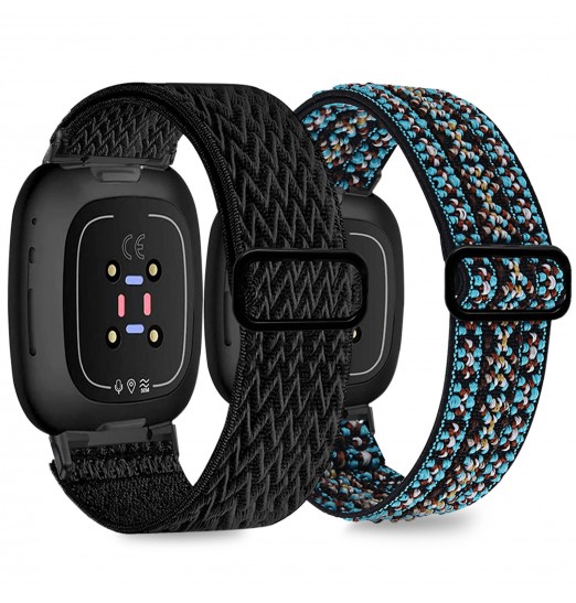 Paquete de 2 bandas elásticas compatibles con Fitbit Versa 3/Fitbit Sense, correa de nailon elástico suave de repuesto ajustable para Versa 3 Fitbit Bands/sense Fitbit Bands mujeres hombres