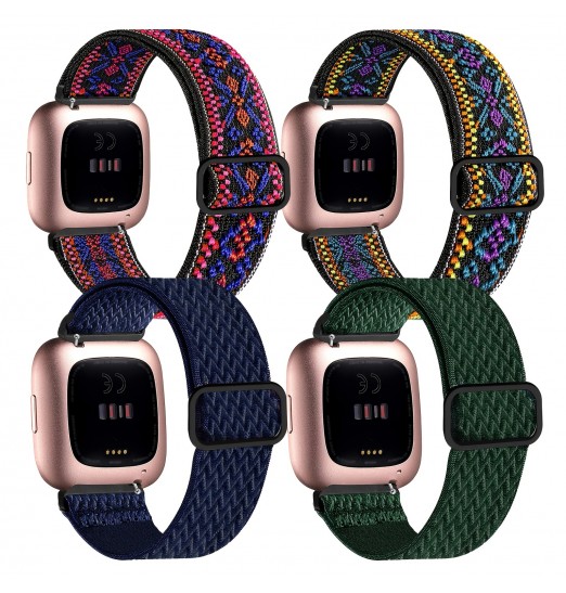 Paquete de 4 bandas elásticas compatibles con Fitbit Versa/fitbit Versa Lite/fitbit Versa 2 bandas mujeres hombres, correas de repuesto transpirables de nailon suave elástico ajustable para pulsera Versa Smartwatch