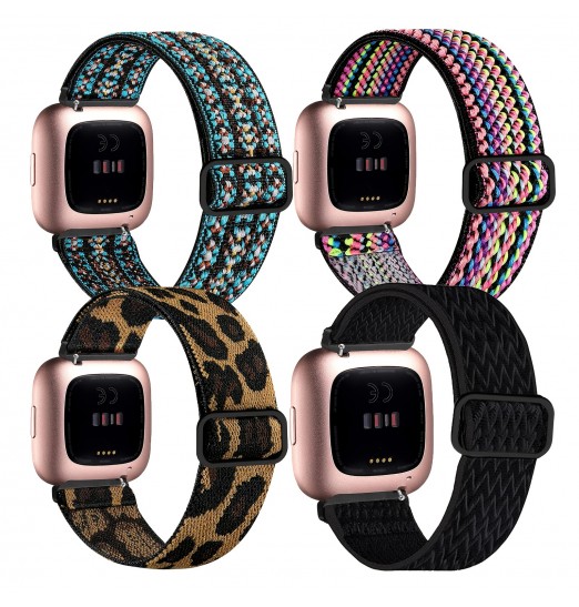 Paquete de 4 bandas elásticas compatibles con Fitbit Versa/fitbit Versa Lite/fitbit Versa 2 bandas mujeres hombres, correas de repuesto transpirables de nailon suave elástico ajustable para pulsera Versa Smartwatch