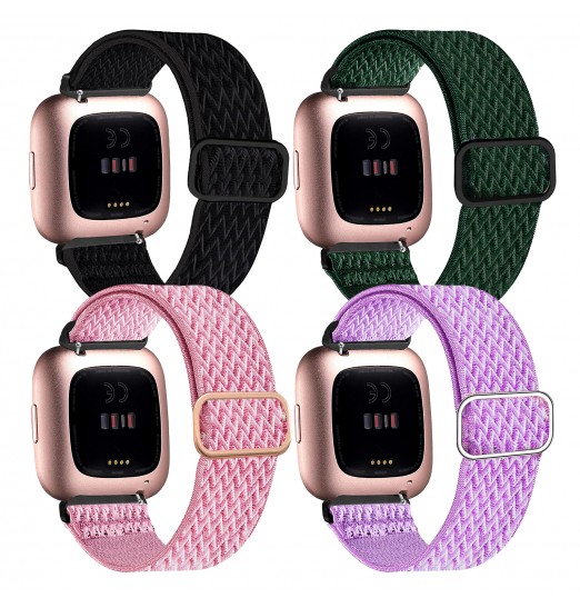 Paquete de 4 bandas elásticas compatibles con Fitbit Versa/fitbit Versa Lite/fitbit Versa 2 bandas mujeres hombres, correas de repuesto transpirables de nailon suave elástico ajustable para pulsera Versa Smartwatch