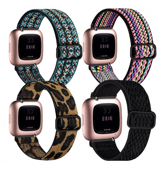 Paquete de 4 bandas elásticas compatibles con Fitbit Versa/fitbit Versa Lite/fitbit Versa 2 bandas mujeres hombres, correas de repuesto transpirables de nailon suave elástico ajustable para pulsera Versa Smartwatch