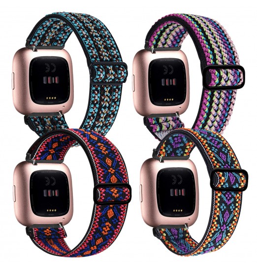 Paquete de 4 bandas elásticas compatibles con Fitbit Versa/fitbit Versa Lite/fitbit Versa 2 bandas mujeres hombres, correas de repuesto transpirables de nailon suave elástico ajustable para pulsera Versa Smartwatch