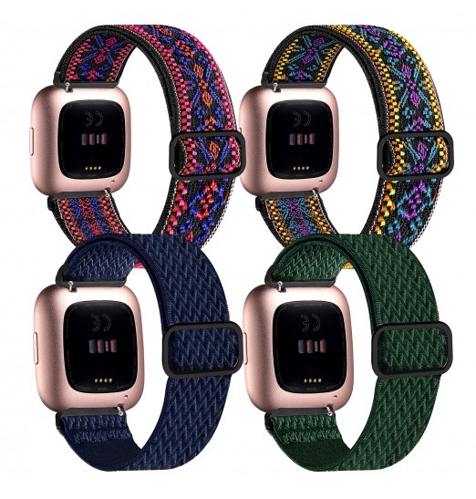 Paquete de 4 bandas elásticas compatibles con Fitbit Versa/fitbit Versa Lite/fitbit Versa 2 bandas mujeres hombres, correas de repuesto transpirables de nailon suave elástico ajustable para pulsera Versa Smartwatch