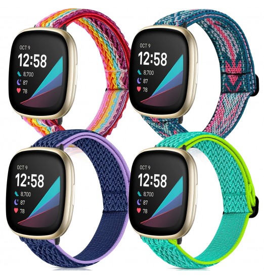 Paquete de 4 bandas elásticas compatibles con Fitbit Versa 3 / Fitbit Sense Bands Mujeres Hombres, correas de repuesto transpirables de nailon suave y elástico ajustable para Fitbit Sense & amp; Pulsera de reloj inteligente Versa 3