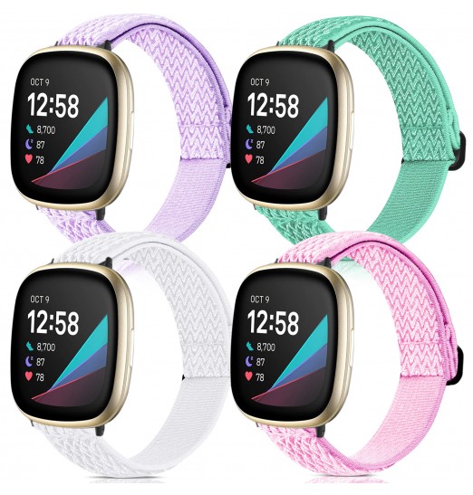 Paquete de 4 bandas elásticas compatibles con Fitbit Versa 3 / Fitbit Sense Bands Mujeres Hombres, correas de repuesto transpirables de nailon suave y elástico ajustable para Fitbit Sense & amp; Pulsera de reloj inteligente Versa 3