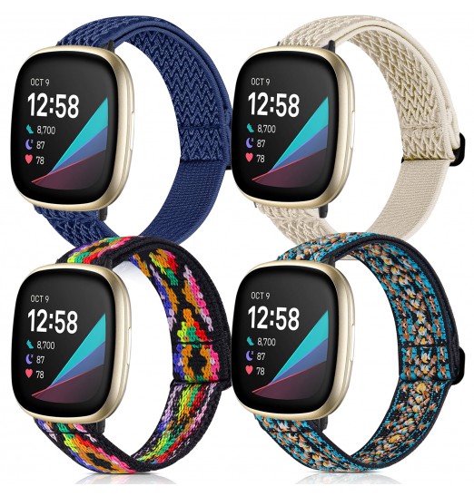 Paquete de 4 bandas elásticas compatibles con Fitbit Versa 3 / Fitbit Sense Bands Mujeres Hombres, correas de repuesto transpirables de nailon suave y elástico ajustable para Fitbit Sense & amp; Pulsera de reloj inteligente Versa 3