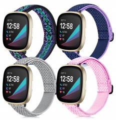 Paquete de 4 bandas elásticas compatibles con Fitbit Versa 3 / Fitbit Sense Bands Mujeres Hombres, correas de repuesto transpirables de nailon suave y elástico ajustable para Fitbit Sense & amp; Pulsera de reloj inteligente Versa 3