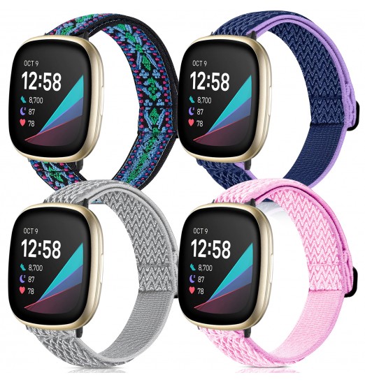 Paquete de 4 bandas elásticas compatibles con Fitbit Versa 3 / Fitbit Sense Bands Mujeres Hombres, correas de repuesto transpirables de nailon suave y elástico ajustable para Fitbit Sense & amp; Pulsera de reloj inteligente Versa 3