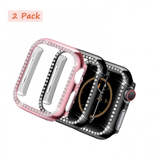 Paquete de 2 estuches compatibles con Apple Watch 45 mm 44 mm 41 mm 40 mm Series 8/7/6/5/4/se, Bling Crystal Diamonds Rhinestone Hard PC Bumper Cover para niñas, mujeres y hombres