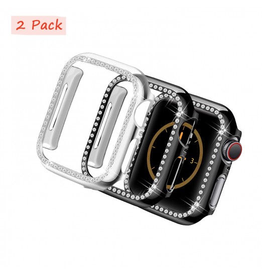 Paquete de 2 estuches compatibles con Apple Watch 45 mm 44 mm 41 mm 40 mm Series 8/7/6/5/4/se, Bling Crystal Diamonds Rhinestone Hard PC Bumper Cover para niñas, mujeres y hombres