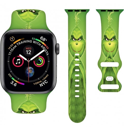 Correa de reloj verde Grinch, correa de reloj navideña compatible con correas de reloj Apple 38 mm 40 mm 41 mm 42 mm 44 mm 45 mm, correa deportiva de dibujos animados para adolescentes adultos, correa de silicona elástica compatible con Iwatch Band Series