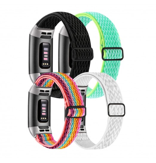 Paquete de 4 correas elásticas para reloj hechas a mano compatibles con Fitbit Charge 4 / Charge 3 / Charge 3 Se, suave, ajustable, elástica, transpirable, tela de nailon, correa deportiva de bucle individual, pulseras de repuesto para mujeres y hombres