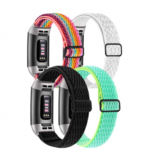 Paquete de 4 correas elásticas para reloj hechas a mano compatibles con Fitbit Charge 4 / Charge 3 / Charge 3 Se, suave, ajustable, elástica, transpirable, tela de nailon, correa deportiva de bucle individual, pulseras de repuesto para mujeres y hombres